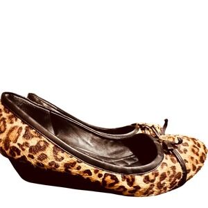Cole Haan S9 Leopard Print Calf Hair Wedge Ballet Flats Black Leather Bow Accent